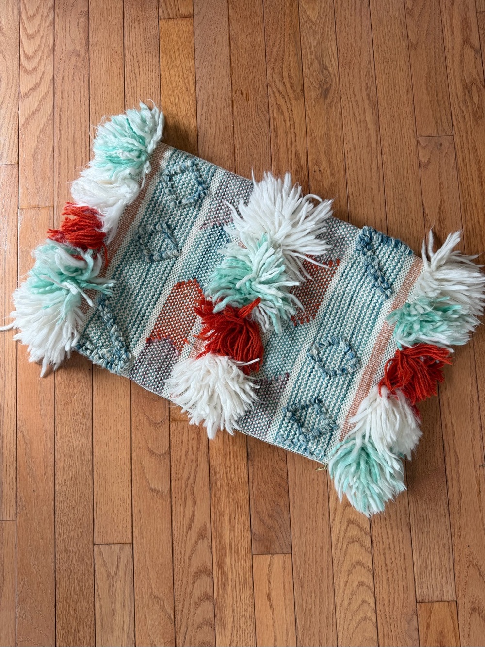 Anthropologie Handwoven Boho Tassel Pillow Cover - Mint, White & Red